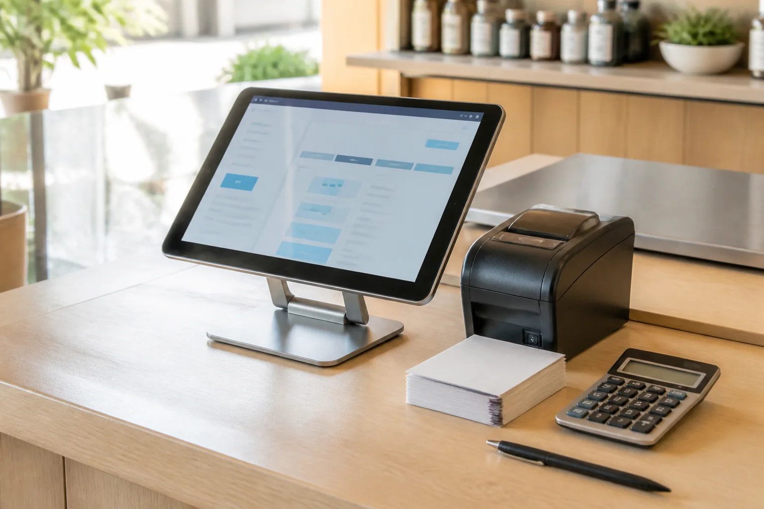 店舗カウンターに置かれた業務用タブレットと伝票プリンターのイメージ