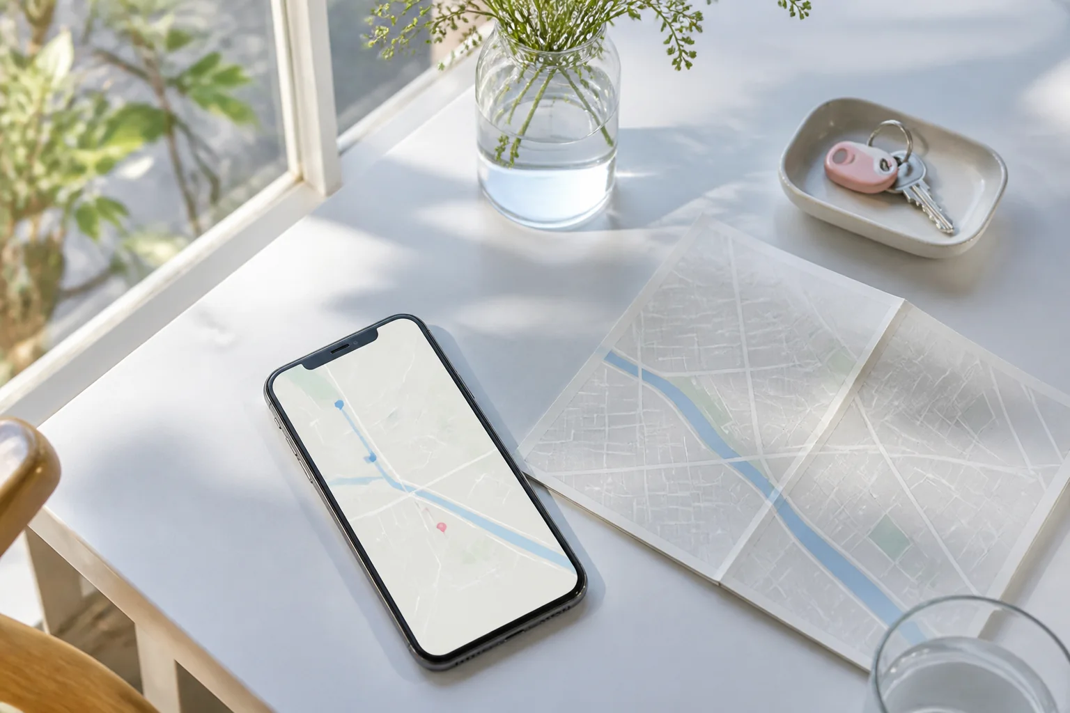 スマートフォンと街の地図で店舗を探す様子のイメージ